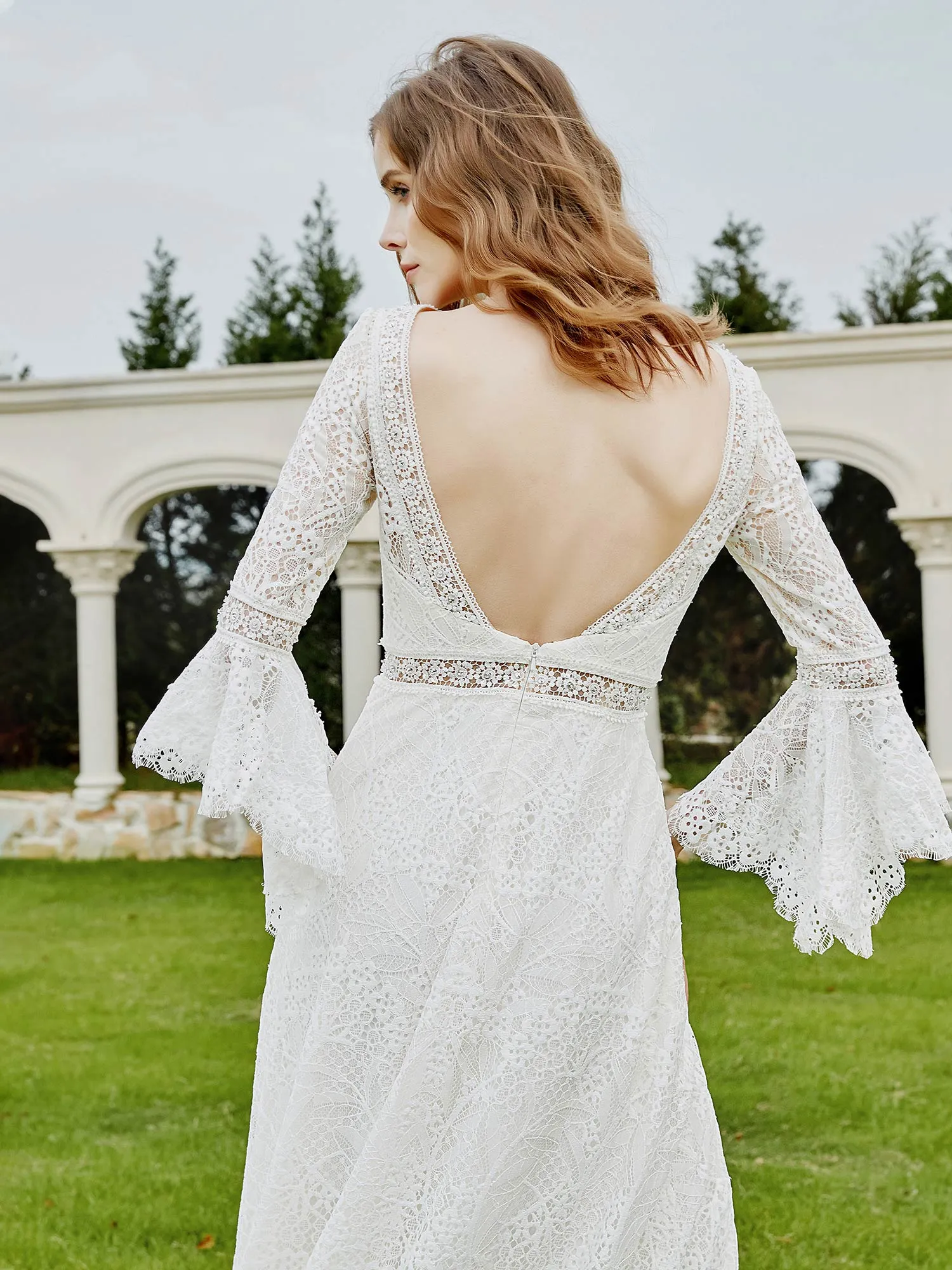 Illusion Neckline 3/4 Sleeves Lace A-line Wedding Dress-Ivory