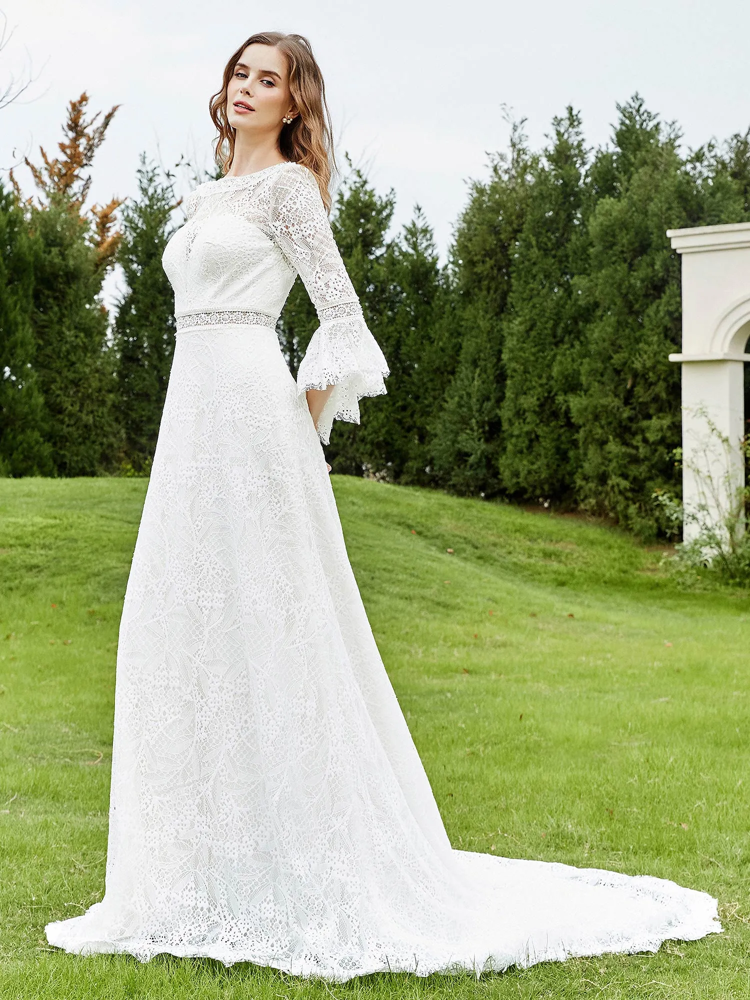 Illusion Neckline 3/4 Sleeves Lace A-line Wedding Dress-Ivory