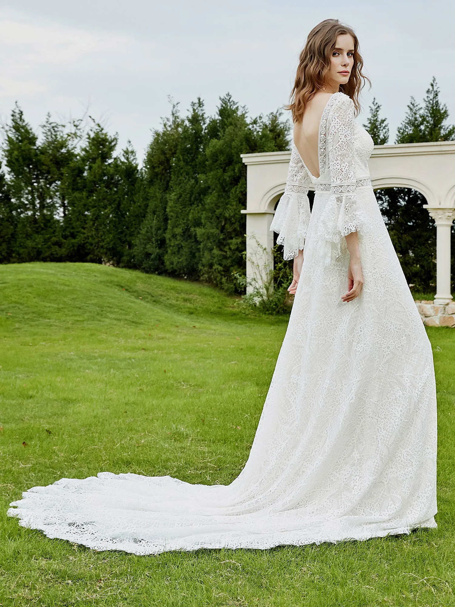 Illusion Neckline 3/4 Sleeves Lace A-line Wedding Dress-Ivory