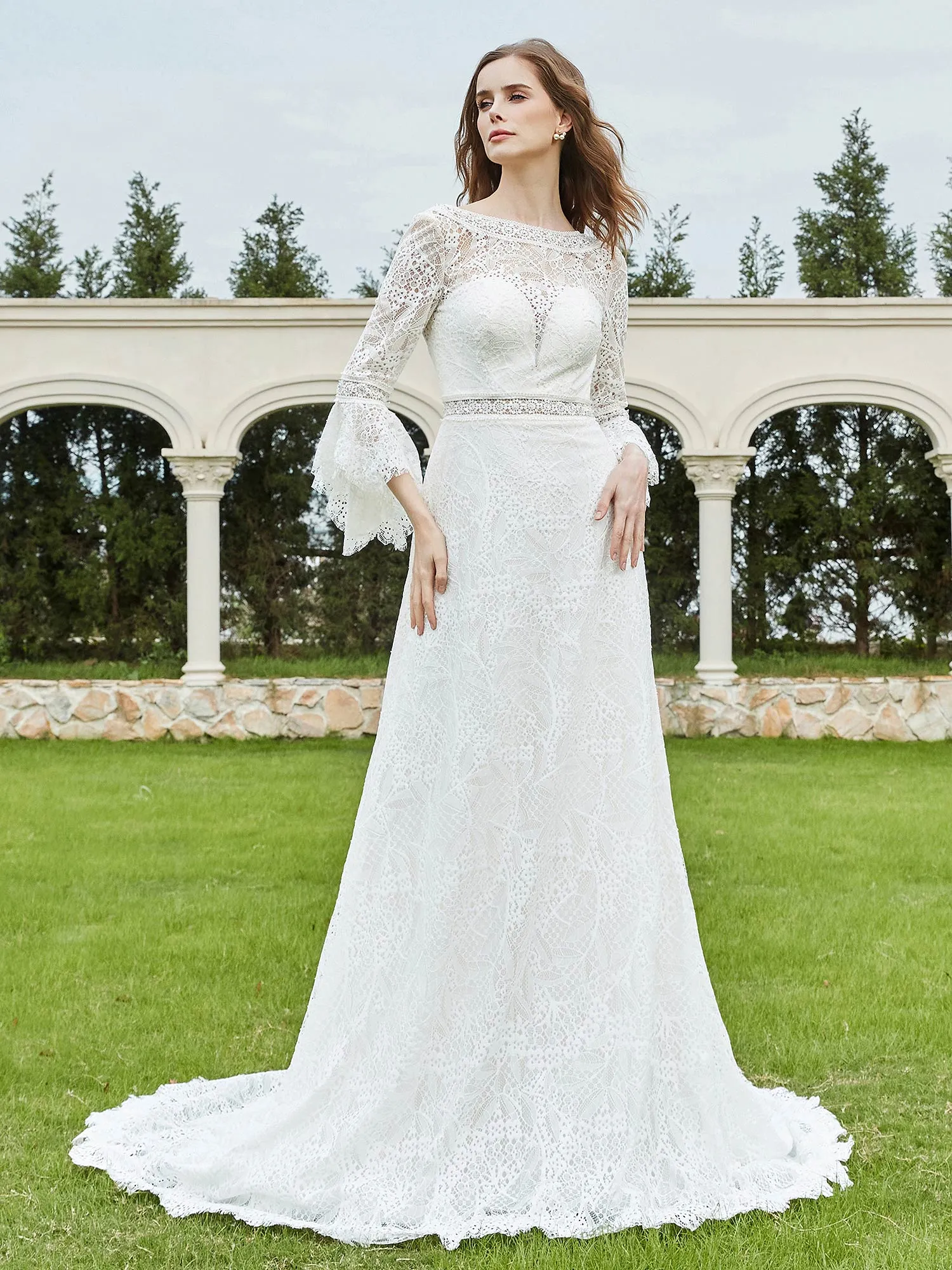 Illusion Neckline 3/4 Sleeves Lace A-line Wedding Dress-Ivory