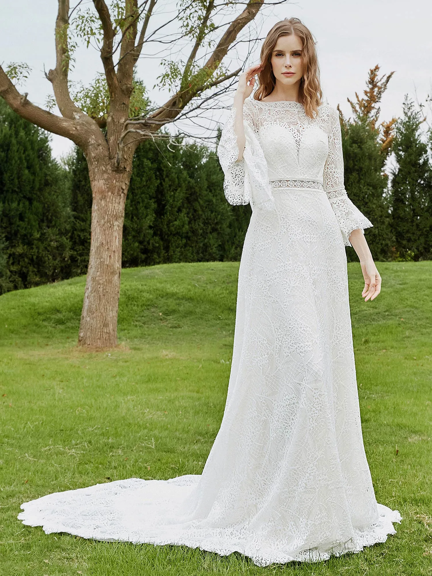 Illusion Neckline 3/4 Sleeves Lace A-line Wedding Dress-Ivory