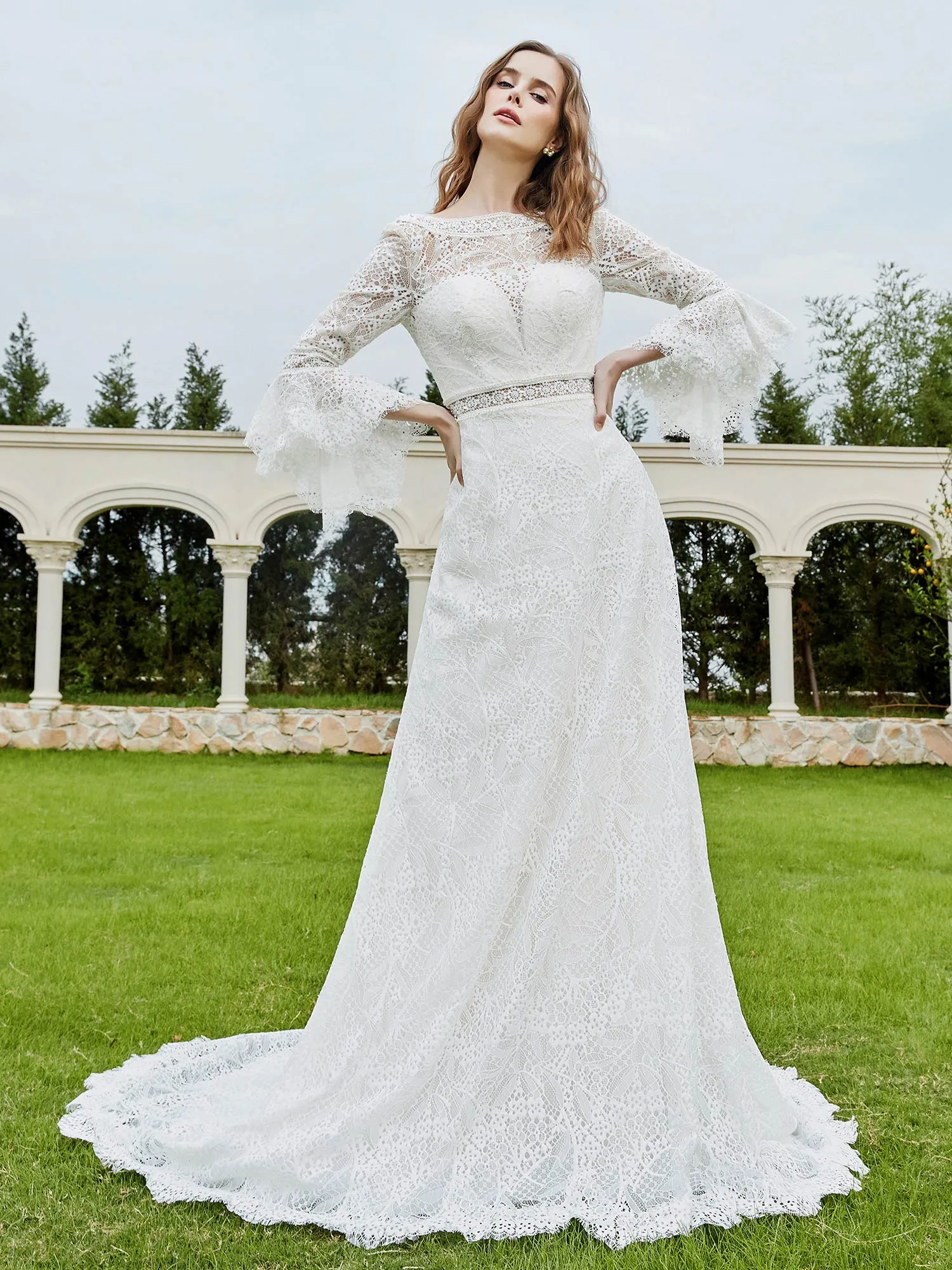 Illusion Neckline 3/4 Sleeves Lace A-line Wedding Dress-Ivory