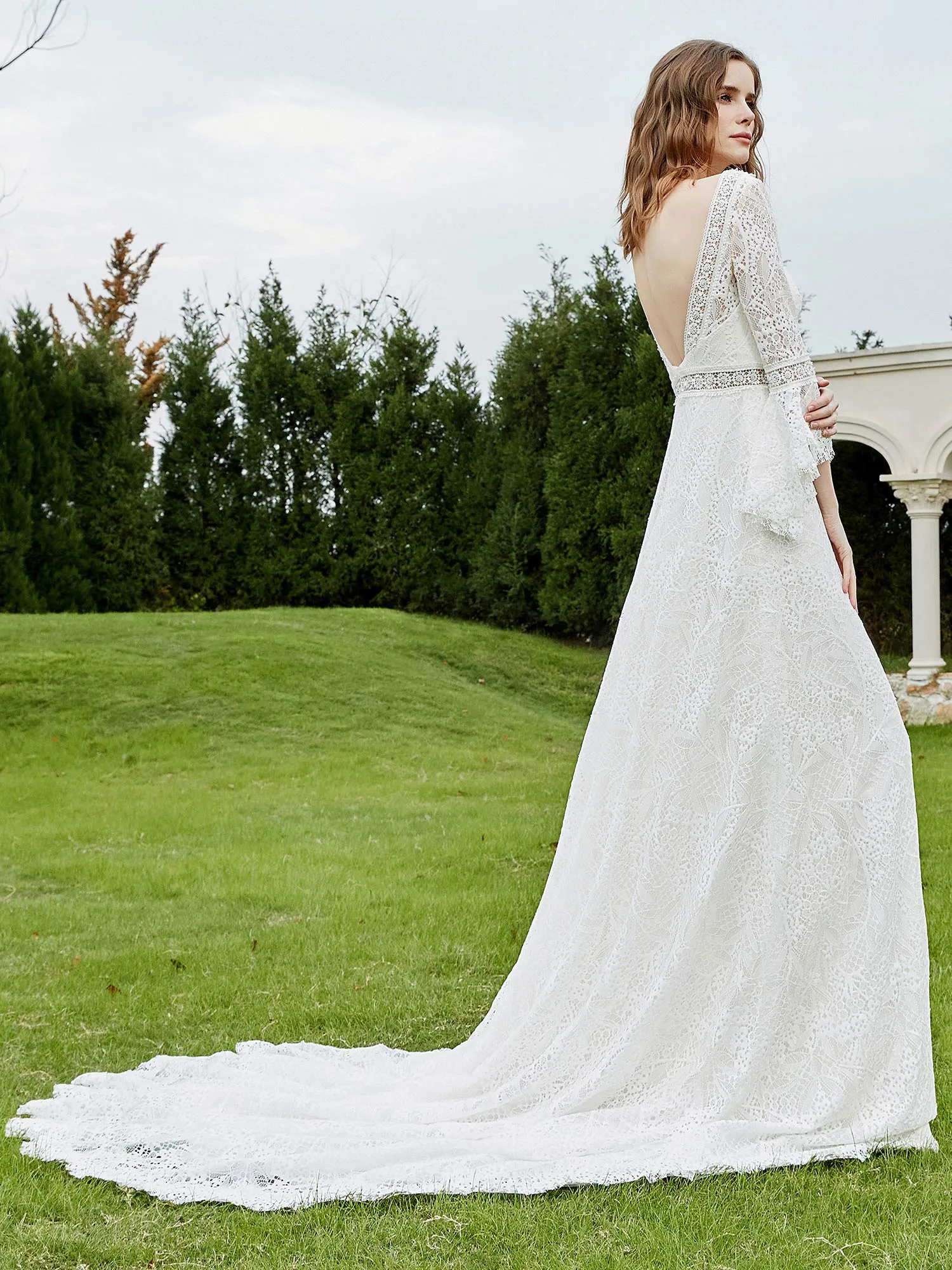 Illusion Neckline 3/4 Sleeves Lace A-line Wedding Dress-Ivory