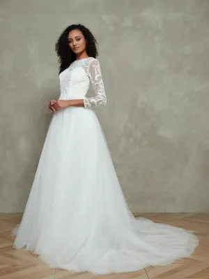 Lace Top Tulle Skirt Wedding Dresses with Illusion Neck-White