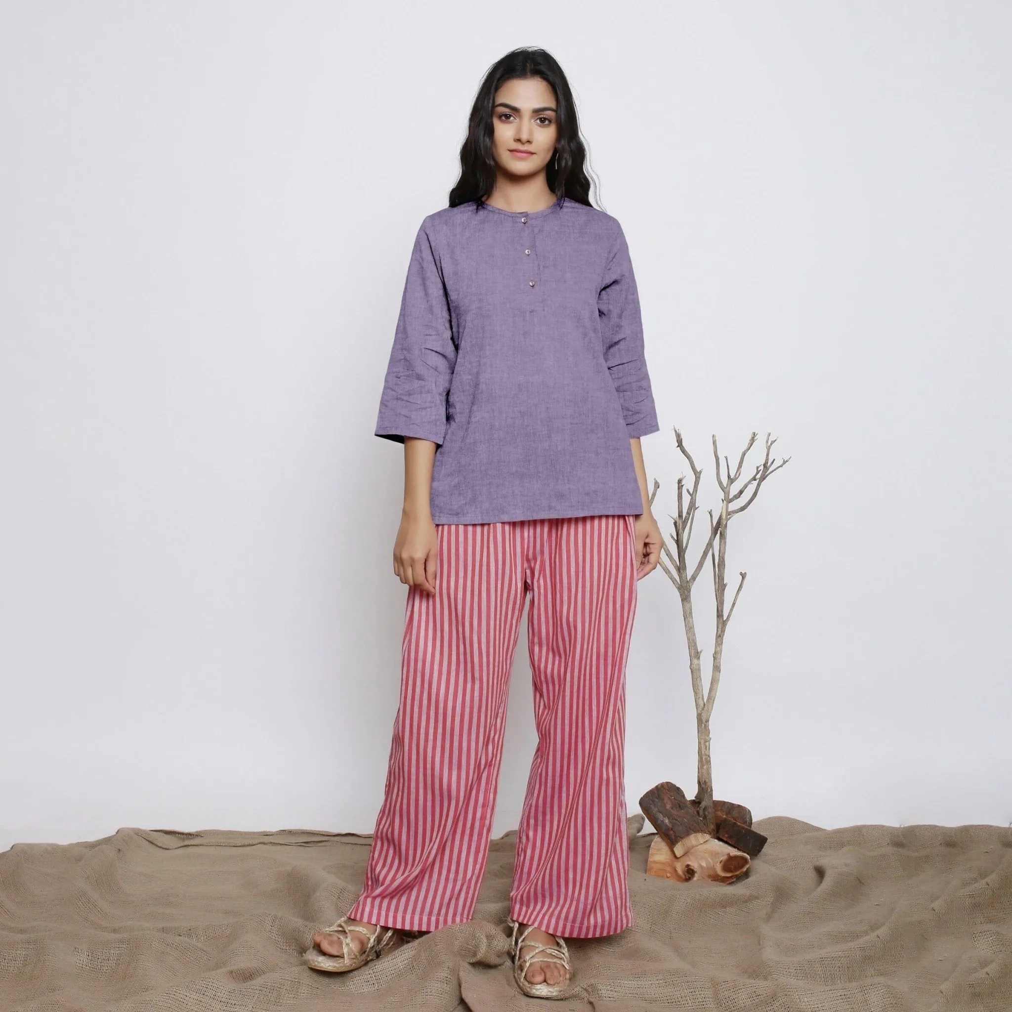 Lavender Cotton Linen Round Neck A-Line Top