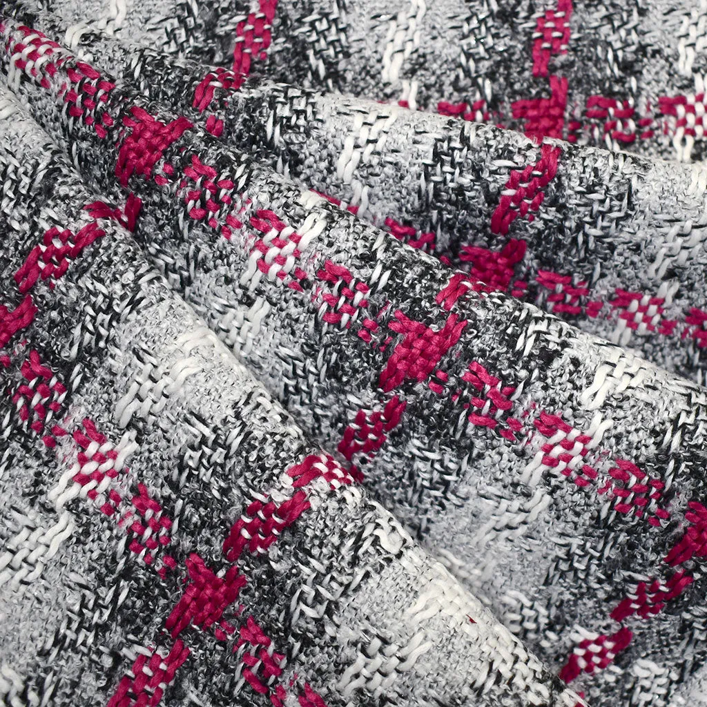 Layered Plaid Chunky Tweed Coating White/Fuchsia/Silver
