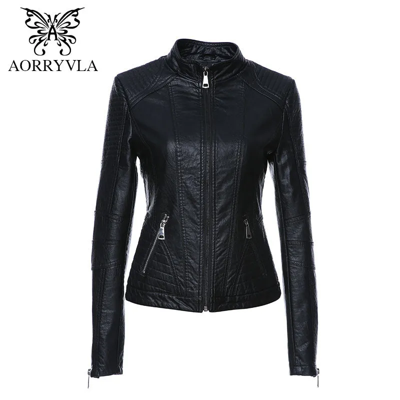 Leather Jackets 2019 New Spring   Black Color Mandarin Collar Zippers Short