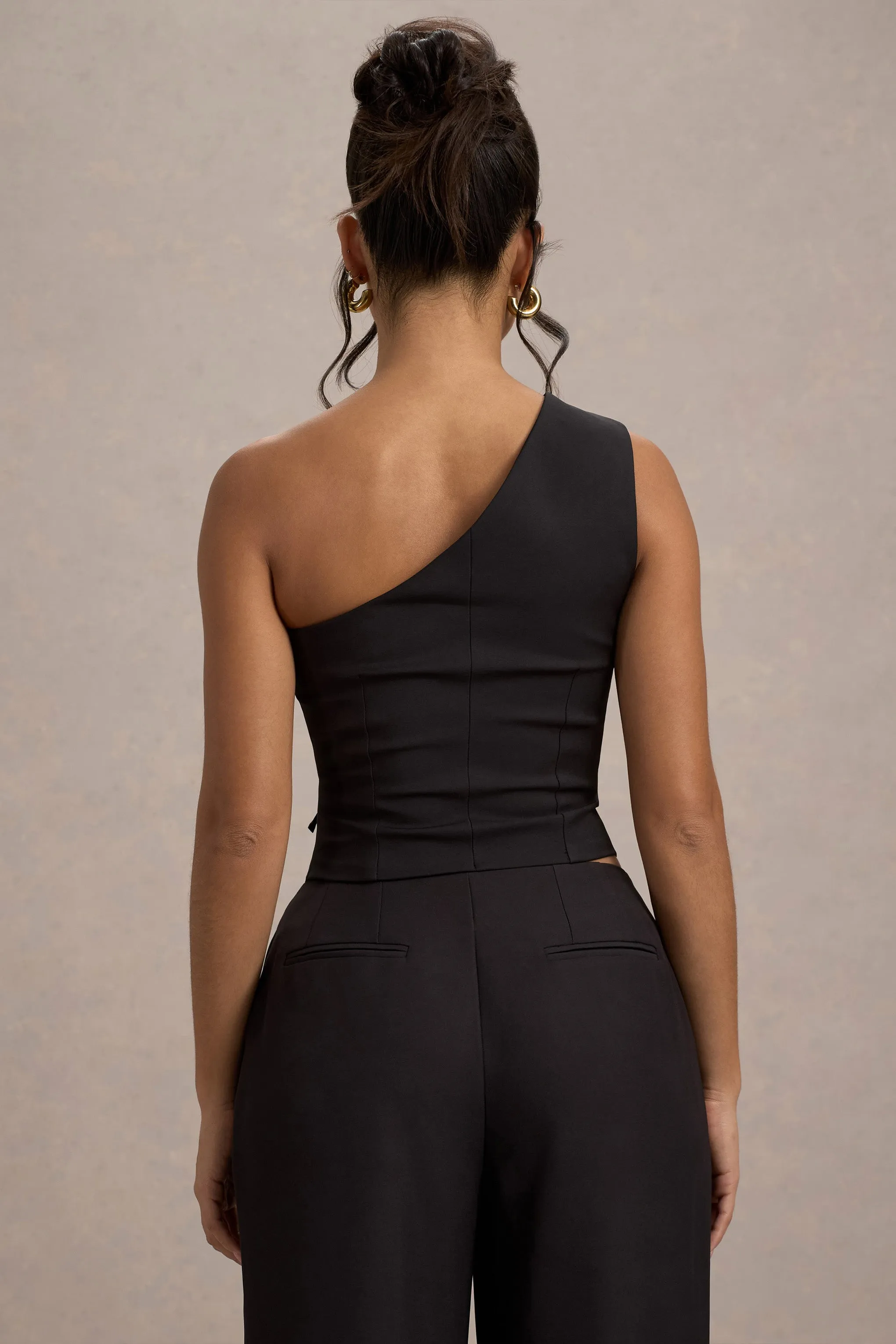 Lelia | Black One Shoulder Tailored Top With Bows