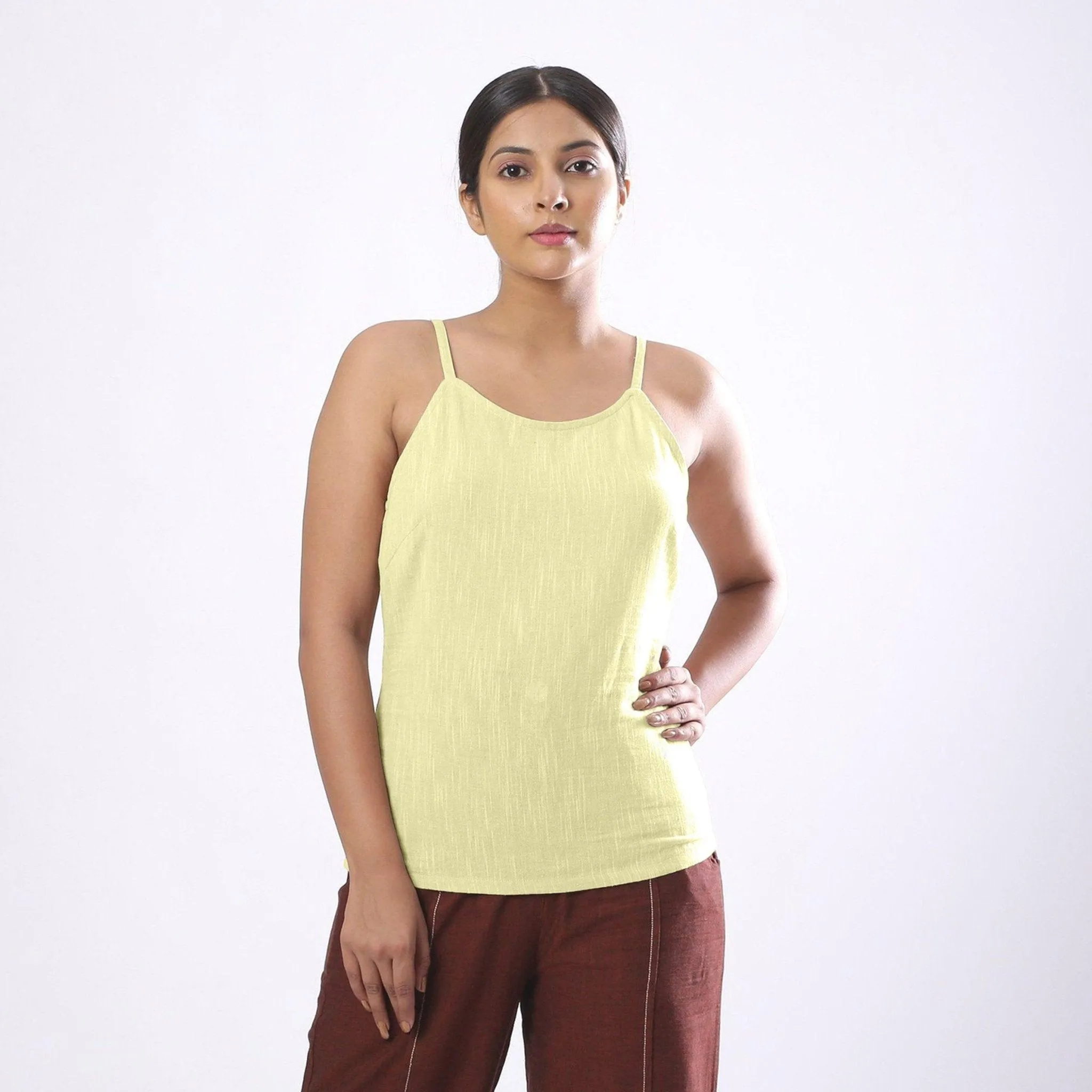 Lemon Yellow Yarn Dyed Cotton Slim Fit Spaghetti Top