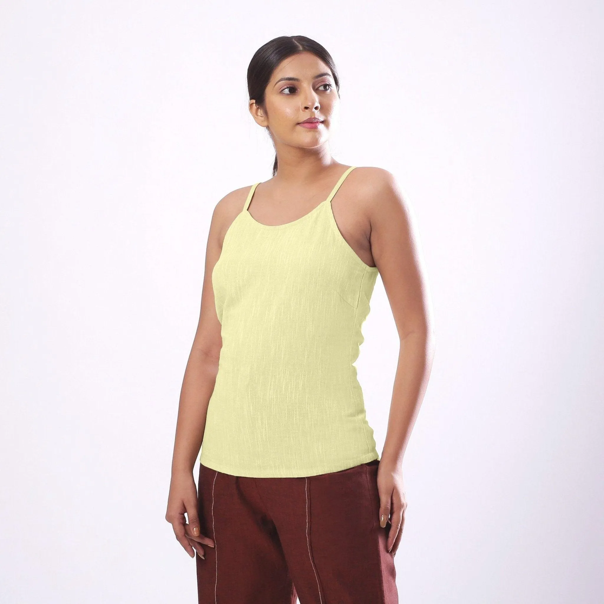 Lemon Yellow Yarn Dyed Cotton Slim Fit Spaghetti Top