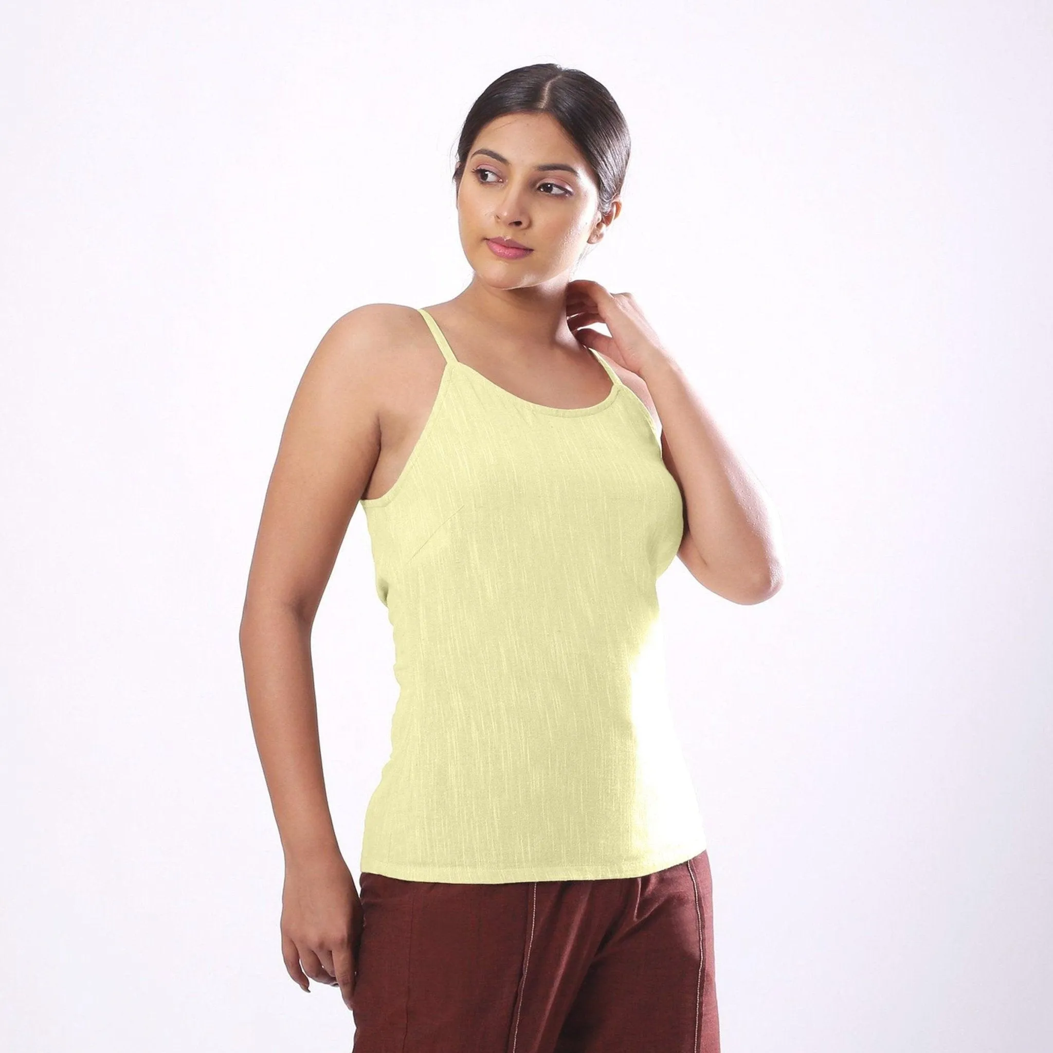 Lemon Yellow Yarn Dyed Cotton Slim Fit Spaghetti Top
