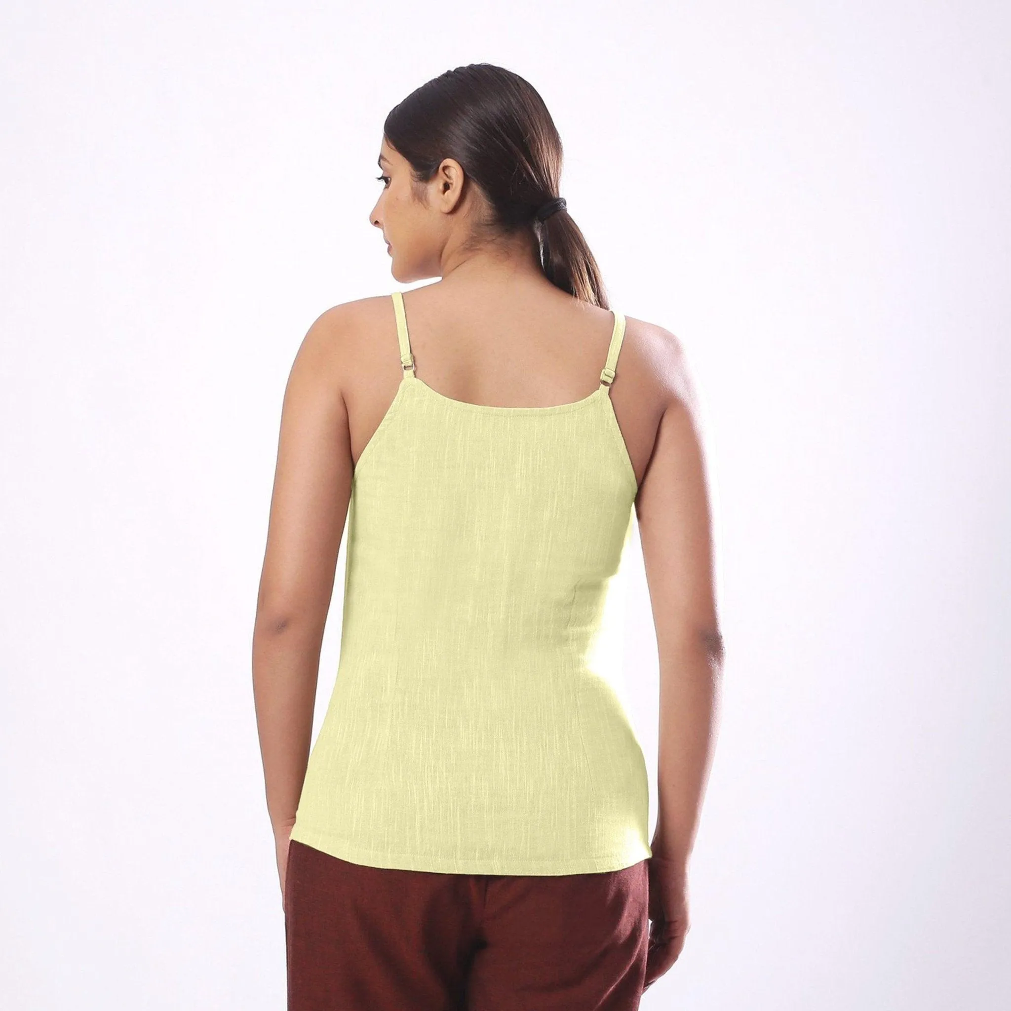 Lemon Yellow Yarn Dyed Cotton Slim Fit Spaghetti Top