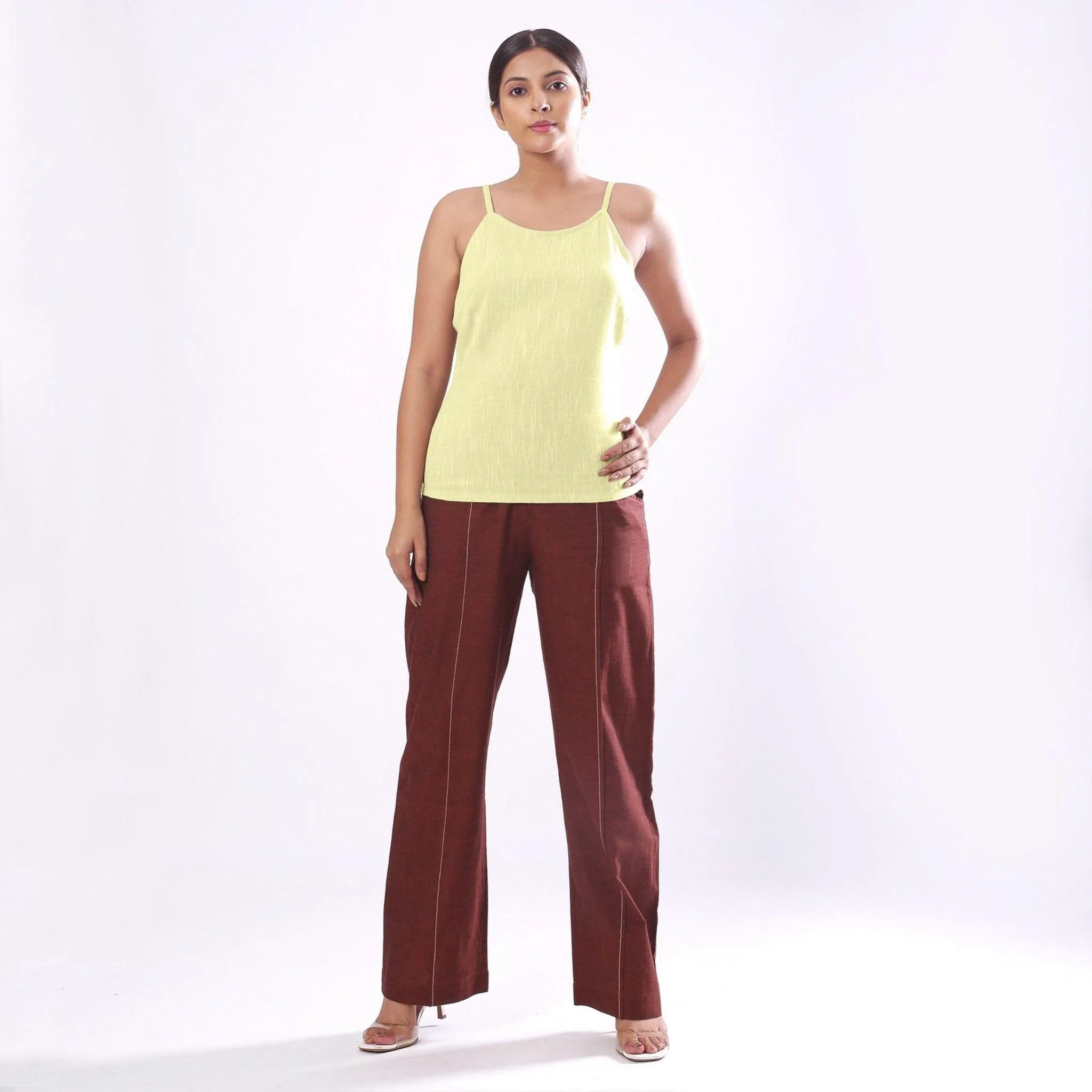 Lemon Yellow Yarn Dyed Cotton Slim Fit Spaghetti Top