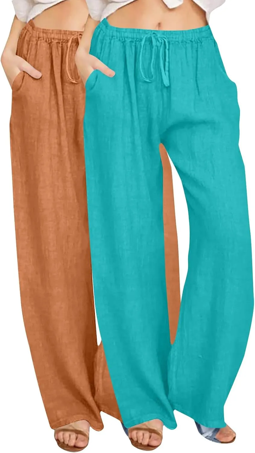 Lmdudan 2 Pc Cotton Linen Pants for Women Beach Pant Plus Size Wide Leg Sweatpants 2025 Summer Cropped Elastic Waist Trousers