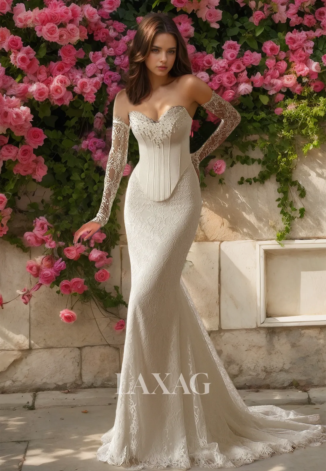Long-Sleeves Sweetheart Mermaid Wedding Dress Allover Lace Beaded Sweep Train Bride Gowns  with Overskirt