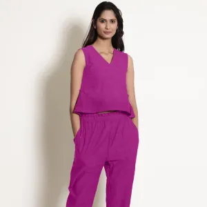 Magenta 100% Linen V-Neck Frilled Godet Top