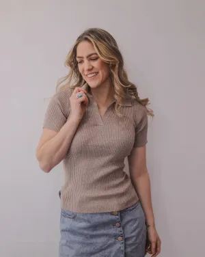 MEROKEETY Short Sleeve V Neck Collar Fitted Ribbed Knit Top