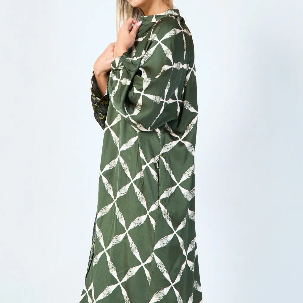 Mixed print long dress with button detail wholesale