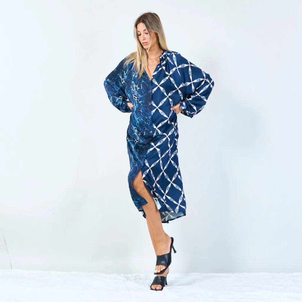 Mixed print long dress with button detail wholesale