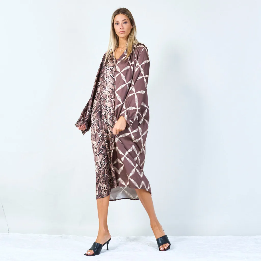 Mixed print long dress with button detail wholesale