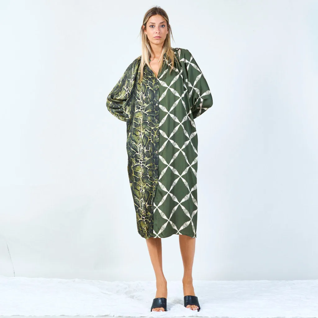 Mixed print long dress with button detail wholesale