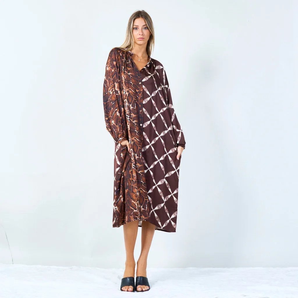 Mixed print long dress with button detail wholesale