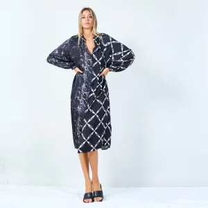Mixed print long dress with button detail wholesale
