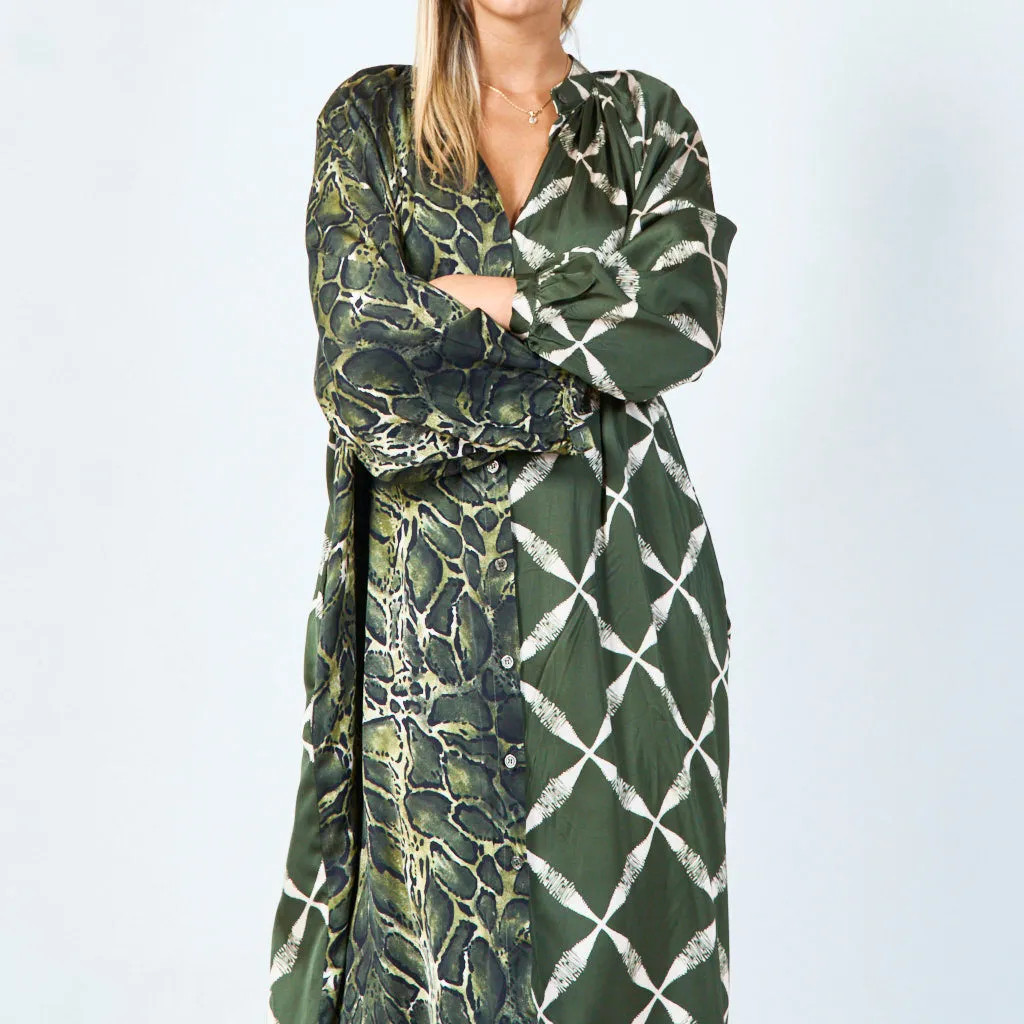 Mixed print long dress with button detail wholesale