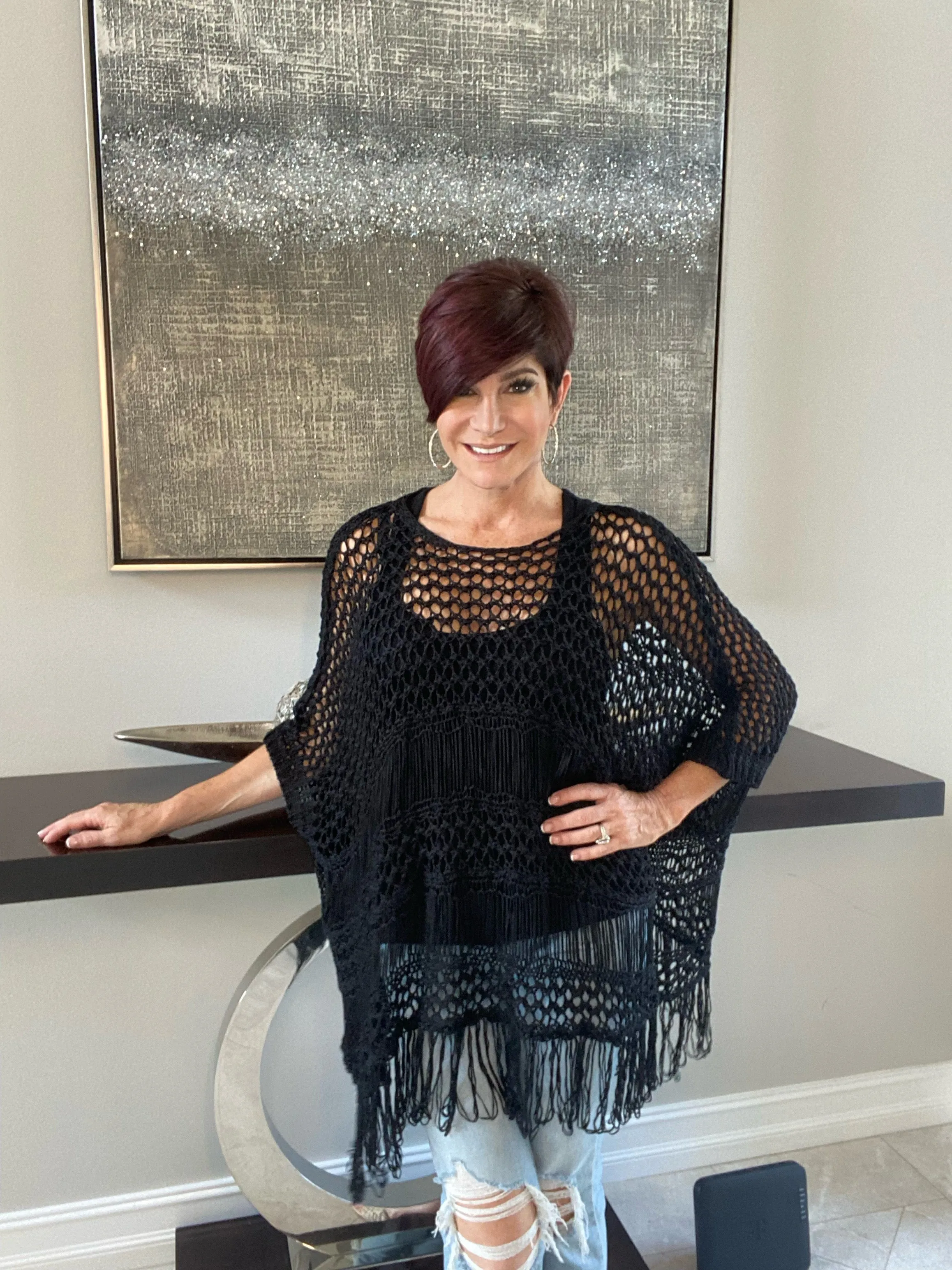 Open Knit Crochet Tunic with Fringe