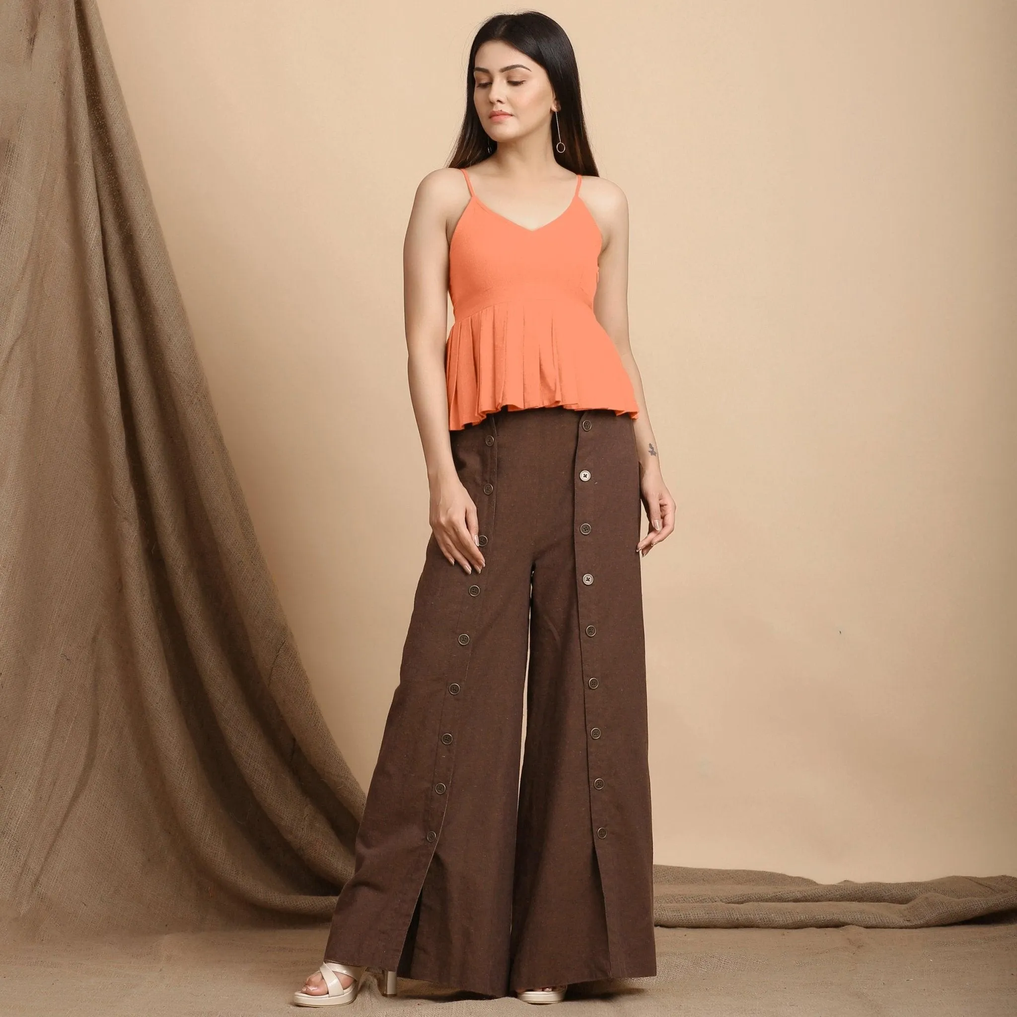 Peach Cotton Flax Slim Fit Pleated Camisole Top
