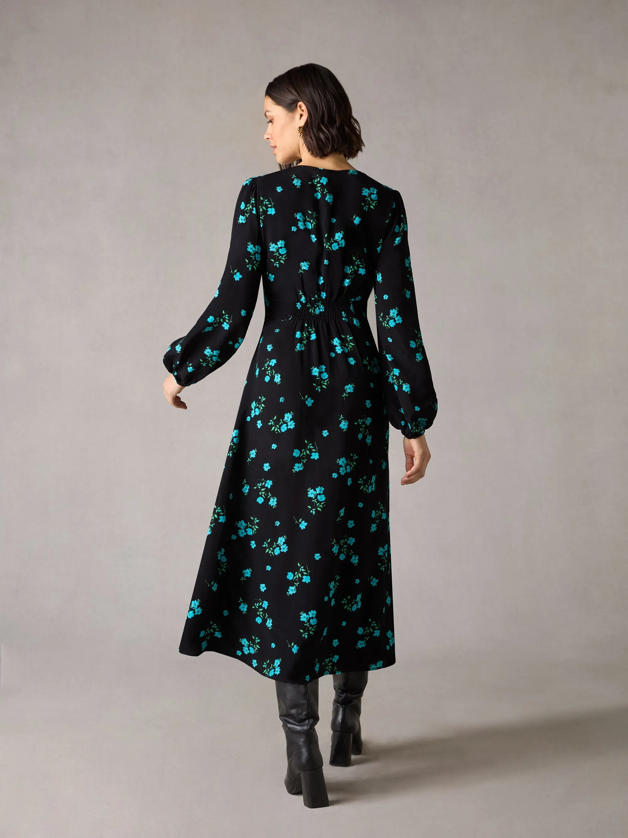 Petite Blue Cluster Floral Button Front Midi Dress