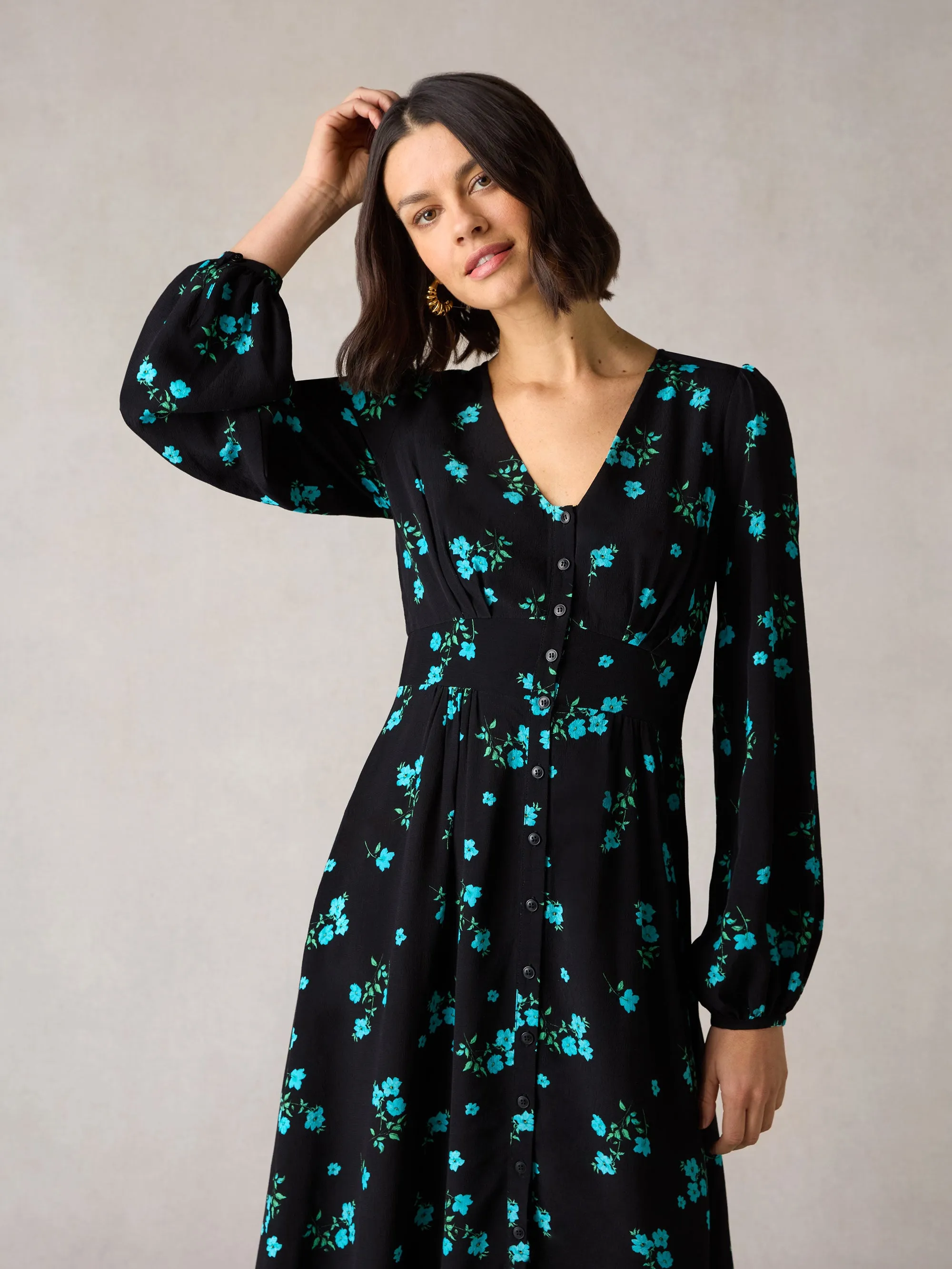 Petite Blue Cluster Floral Button Front Midi Dress