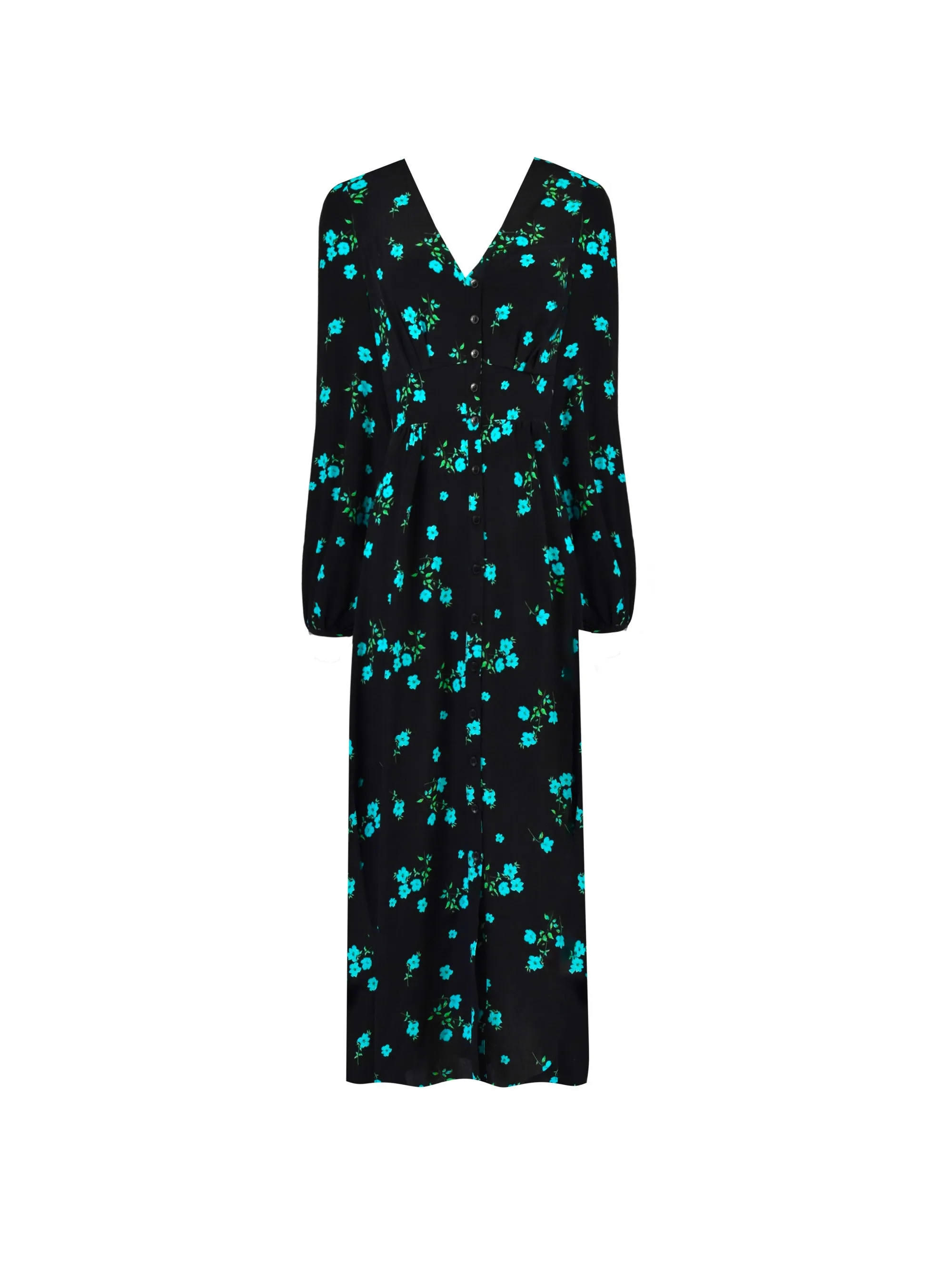 Petite Blue Cluster Floral Button Front Midi Dress