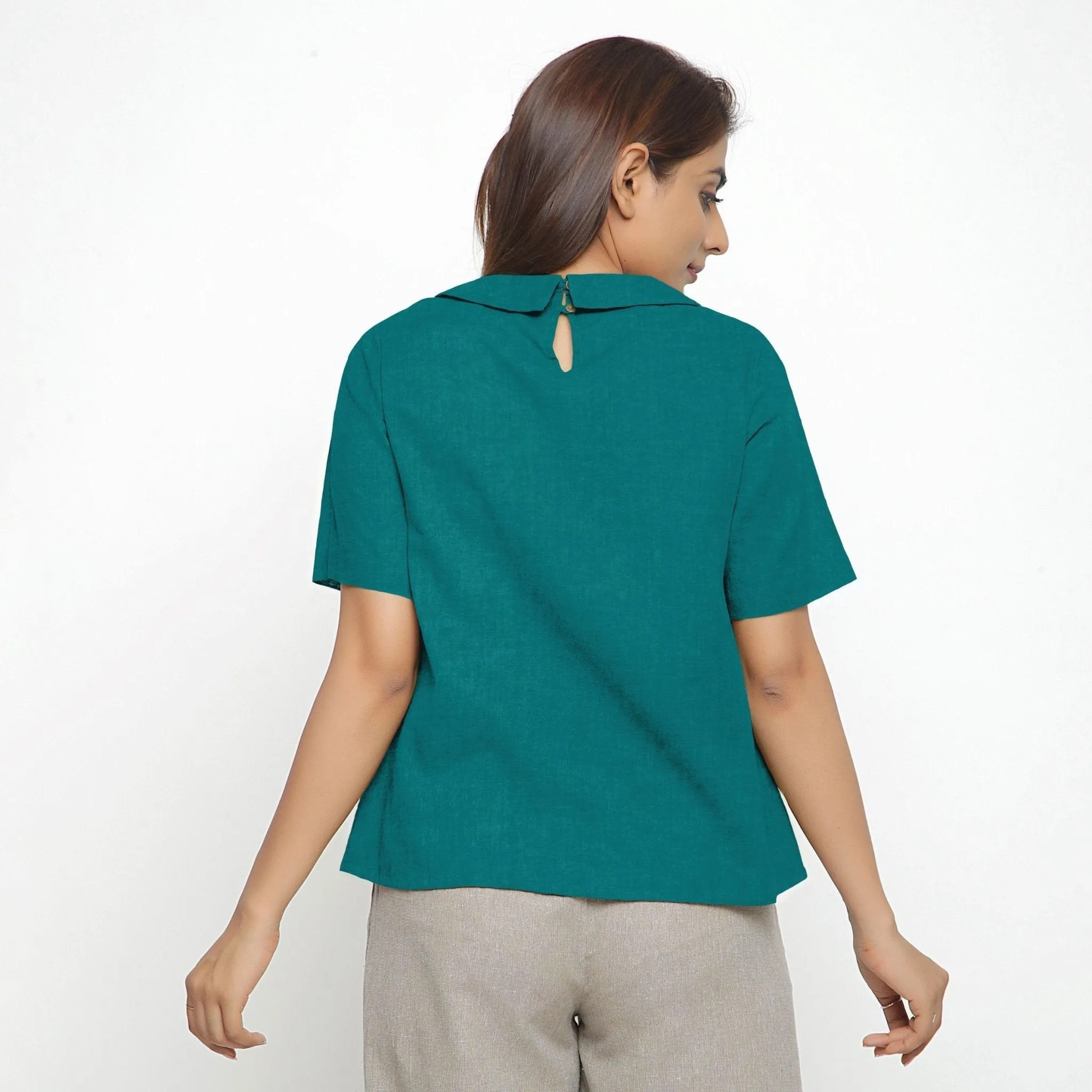 Pine Green 100% Linen Keyhole Neck Peter Pan Collar Top