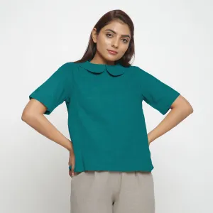 Pine Green 100% Linen Keyhole Neck Peter Pan Collar Top
