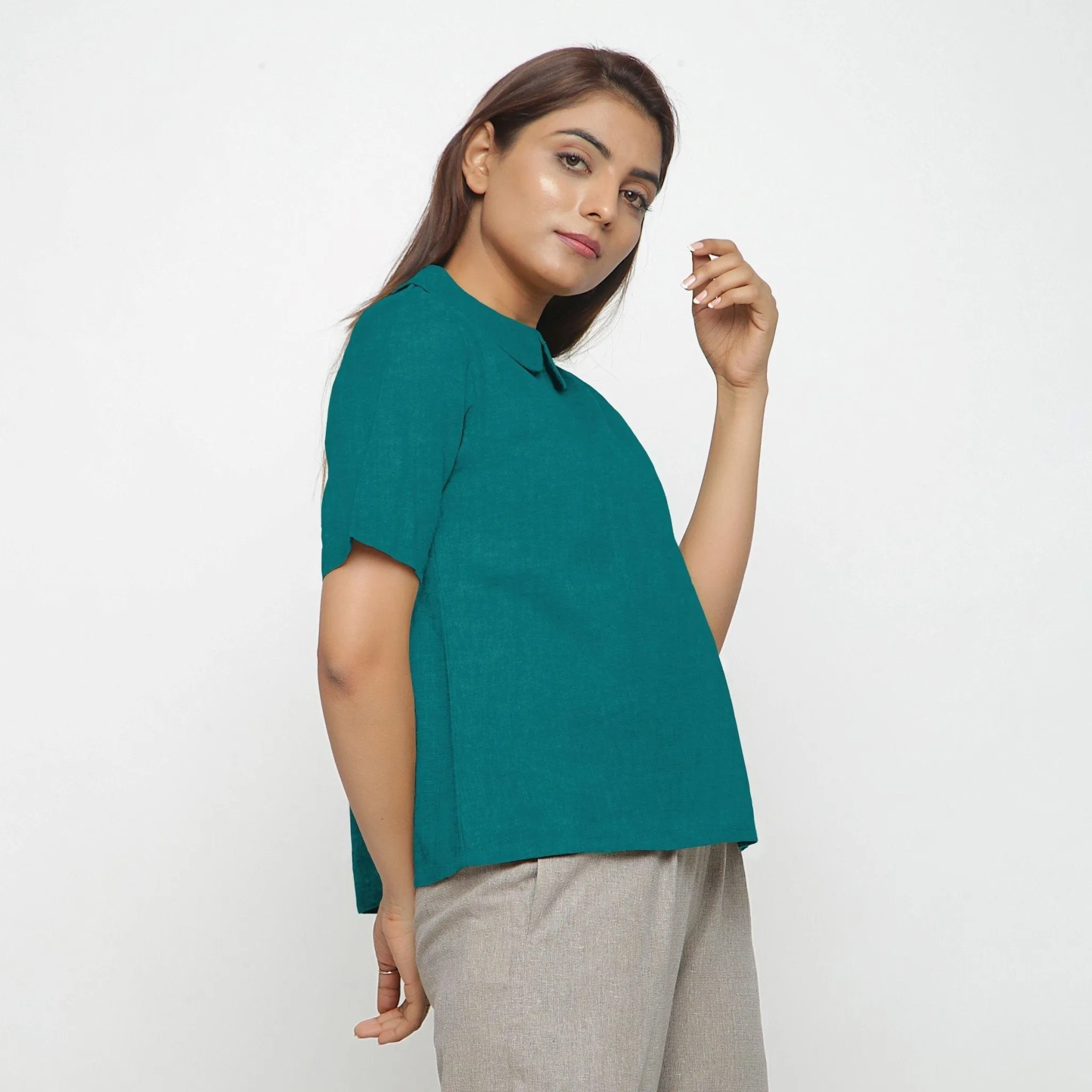 Pine Green 100% Linen Keyhole Neck Peter Pan Collar Top