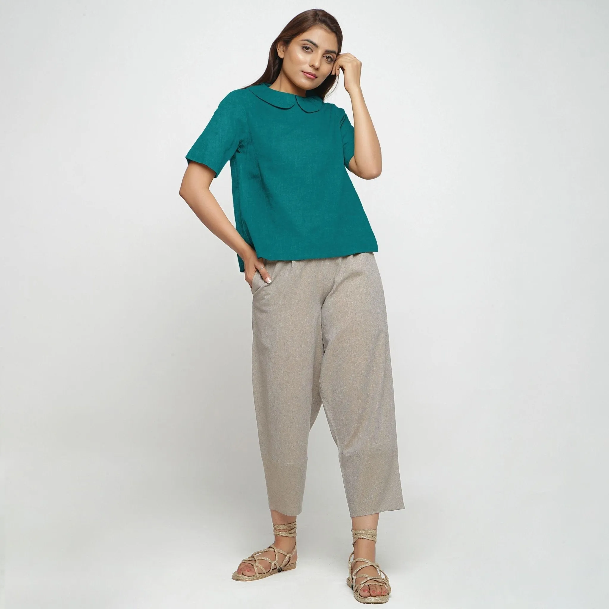 Pine Green 100% Linen Keyhole Neck Peter Pan Collar Top