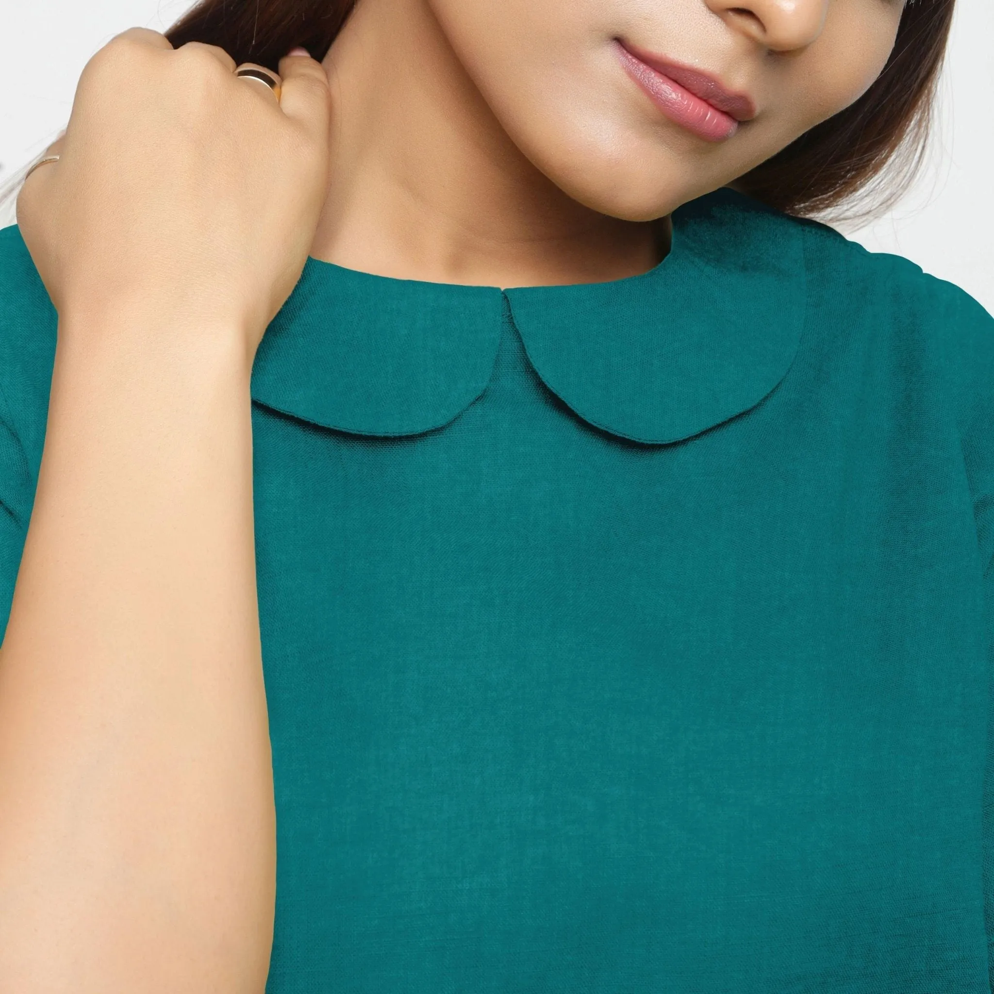 Pine Green 100% Linen Keyhole Neck Peter Pan Collar Top