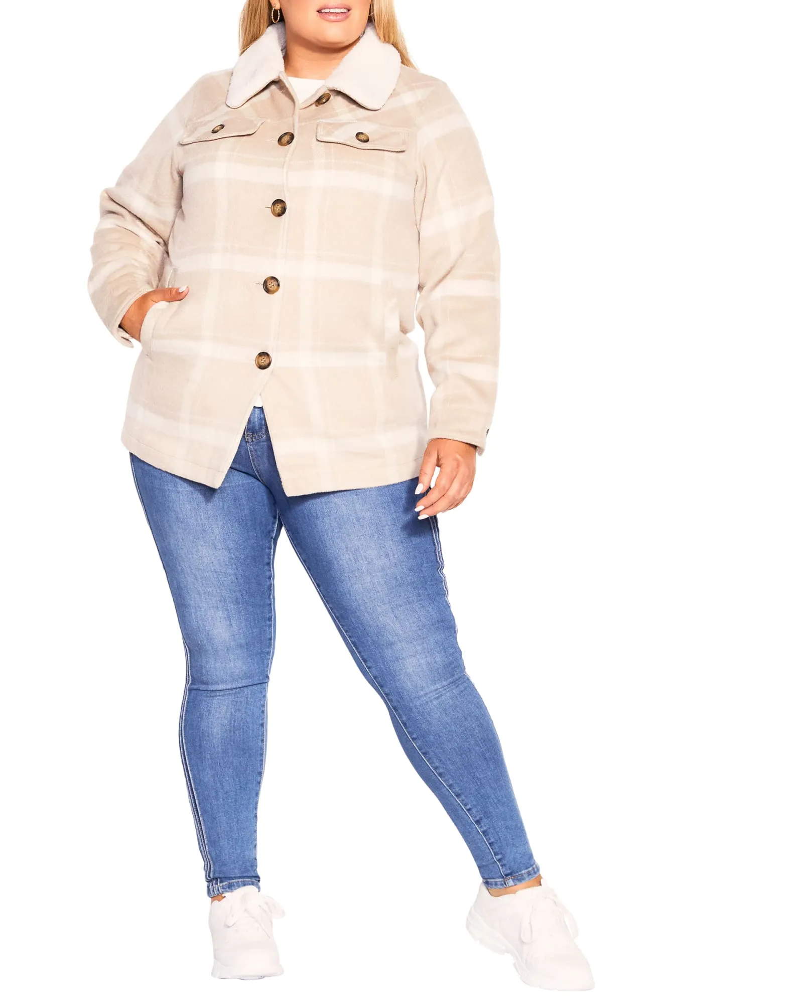 Plaid Faux Wool Jacket | Camel/Cream
