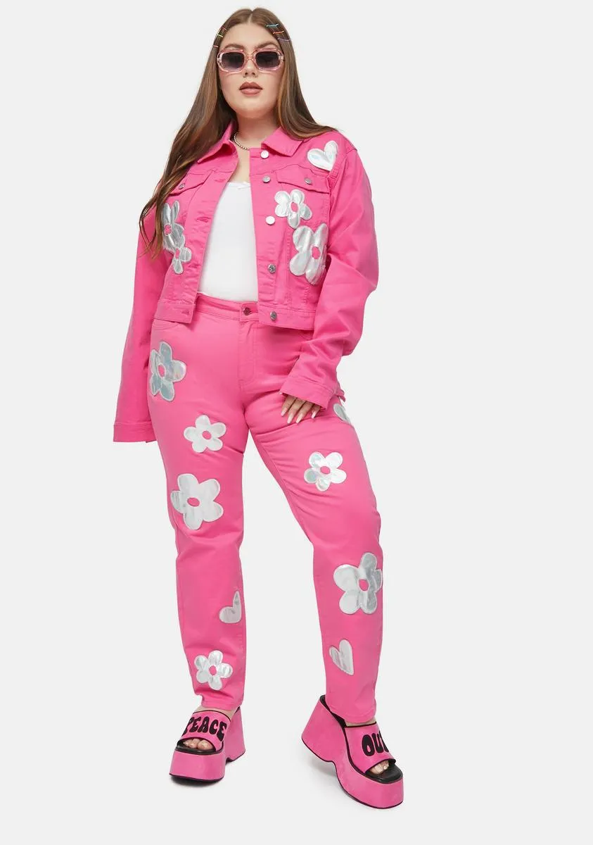 Plus Heart Of Glass Holo Flower Applique Twill Pants