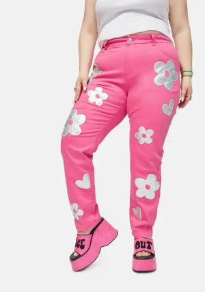 Plus Heart Of Glass Holo Flower Applique Twill Pants