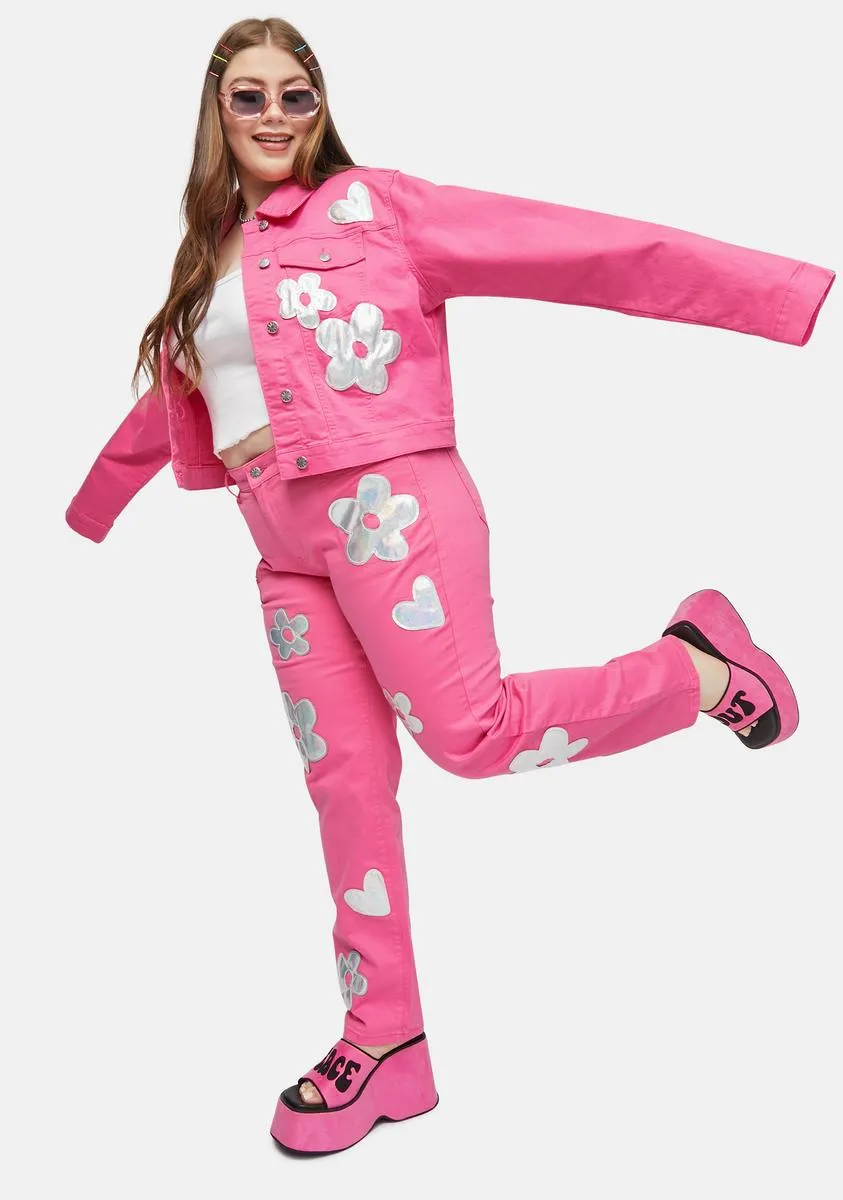 Plus Heart Of Glass Holo Flower Applique Twill Pants