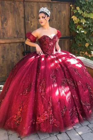 Quinceanera Dress Burgundy Off Shoulder Tulle Lace Long Prom Dresses Sweet Dresses