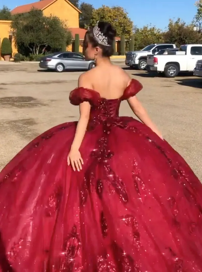 Quinceanera Dress Burgundy Off Shoulder Tulle Lace Long Prom Dresses Sweet Dresses