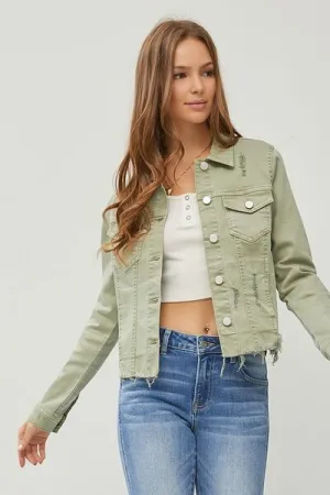 RISEN Sage Raw Hem Button Up Cropped Denim Jacket