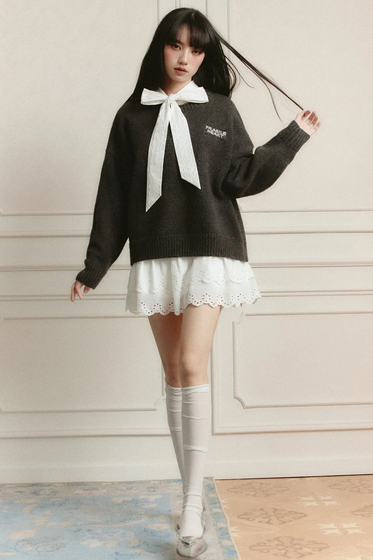 Romantic White Lace Mini Dress with Bow Tie Collar and Scalloped Hem