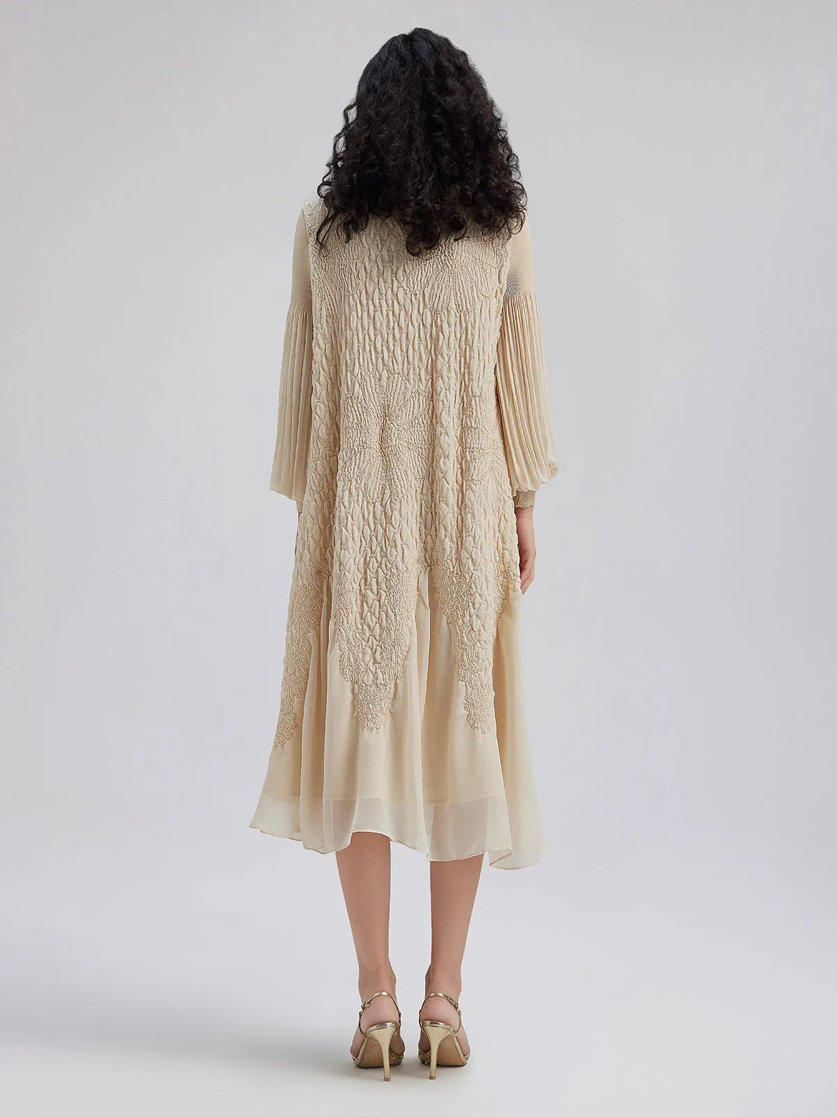 Round Neck Pleated Loose Embroidered Dress