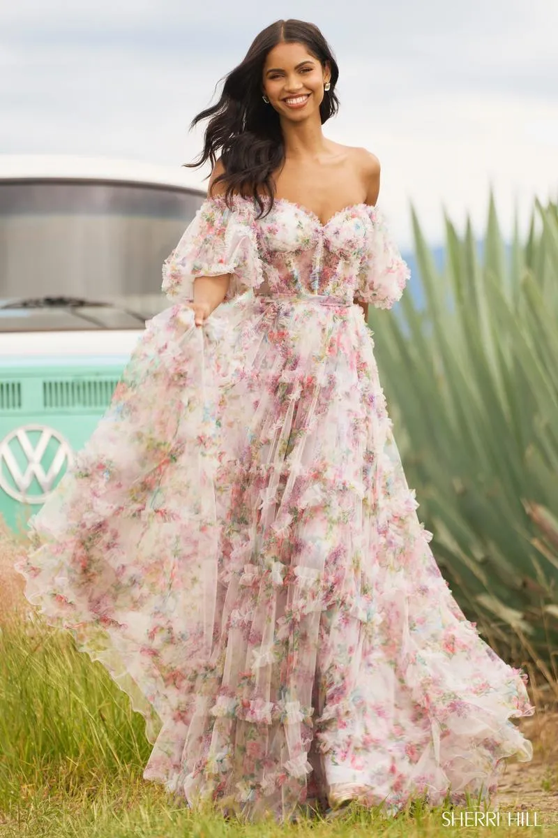 Sherri Hill Floral Print Ruffle Dress 55541