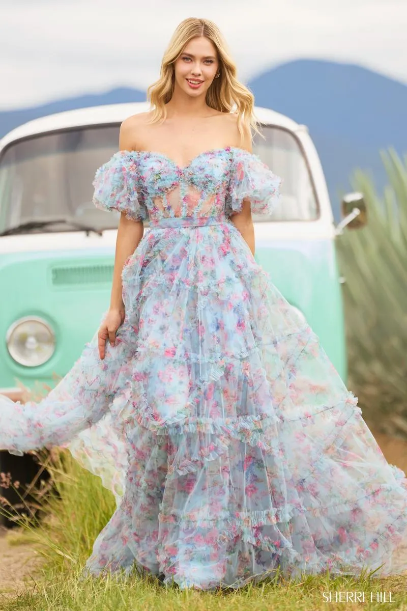 Sherri Hill Floral Print Ruffle Dress 55541