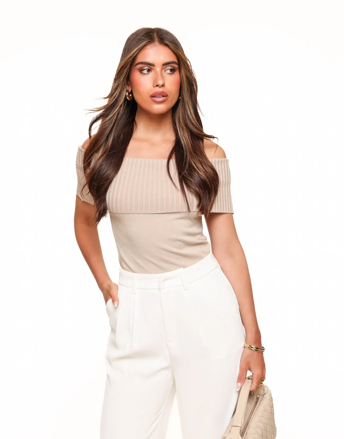 Taupe Mouwloze Off Shoulder - Top